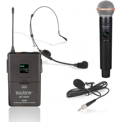 보이톤 Boytone BT-44VP Dual Digital Channel Wireless Microphone plus Headset Mic Set System - VHF Fixed Frequency Wireless Mic Receiver, for Party, DJ, Church, with Aluminum carrying case