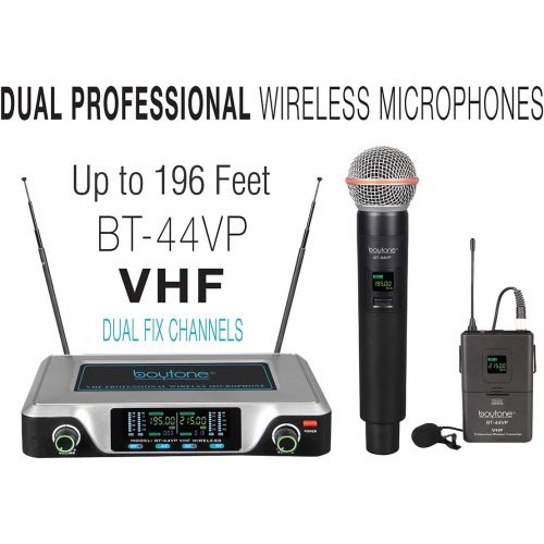 보이톤 Boytone BT-44VP Dual Digital Channel Wireless Microphone plus Headset Mic Set System - VHF Fixed Frequency Wireless Mic Receiver, for Party, DJ, Church, with Aluminum carrying case