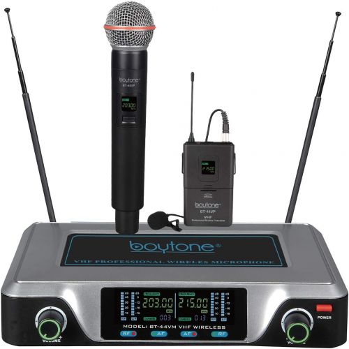 보이톤 Boytone BT-44VP Dual Digital Channel Wireless Microphone plus Headset Mic Set System - VHF Fixed Frequency Wireless Mic Receiver, for Party, DJ, Church, with Aluminum carrying case