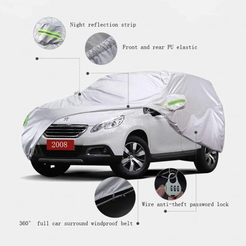  Djyyh Small Car Cover, Breathable Waterproof Rain UV Sun All Weather Protection Indoor Outdoor, Full Size Snow Covers with Zipper Mirror Pocket Custom Fit Peugeot 2008 SUV, Silver