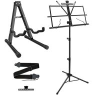 Sheet Music Stand with Guitar Stand, Guitar Strap and Music Sheet Clip Holder, for Acoustic Classical Guitar, Bass(4pcs Kit)