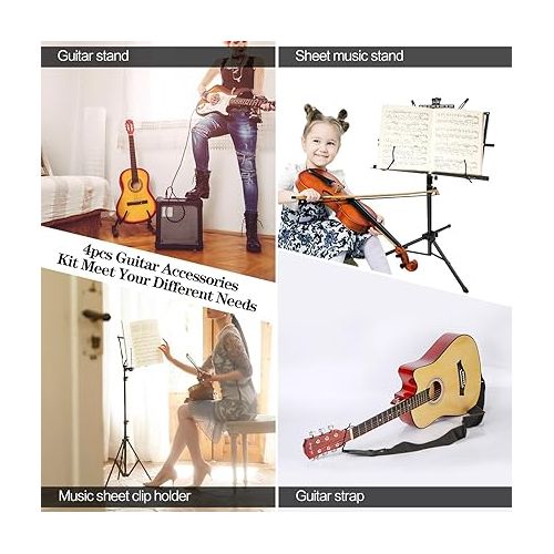  Sheet Music Stand with Guitar Stand, Guitar Strap and Music Sheet Clip Holder, for Acoustic Classical Guitar, Bass(4pcs Kit)