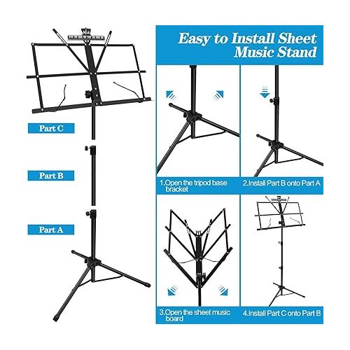  2 Pack Music Stand, 2 in 1 Dual-Use Folding Sheet Music Stand, Lightweight Portable Adjustable Desktop Book Stand with Music Sheet Clip Holder & Carrying Bag(2 Pack Black)