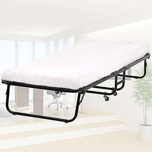  Dkeli Folding Bed Camping Cot Bed Guest Bed Metal Frame with Mattress Heavy Duty 330Lbs Weight Capacity Portable Foldable Twin Size Rollaway Bed on Wheels for Adults, Kids (White)