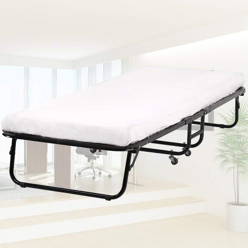  Dkeli Folding Bed Camping Cot Bed Guest Bed Metal Frame with Mattress Heavy Duty 330Lbs Weight Capacity Portable Foldable Twin Size Rollaway Bed on Wheels for Adults, Kids (White)