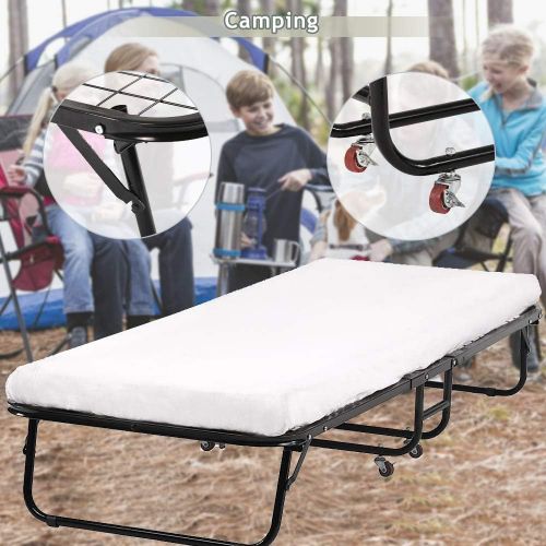  Dkeli Folding Bed Camping Cot Bed Guest Bed Metal Frame with Mattress Heavy Duty 330Lbs Weight Capacity Portable Foldable Twin Size Rollaway Bed on Wheels for Adults, Kids (White)