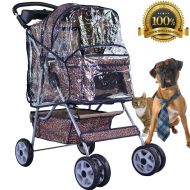 Dkeli 4 Wheels Pet Stroller Jogger Cat Dog Cage Stroller Protable Travel Folding Carrier Cart Waterproof Doggie Puppy Dog Stroller with RainCover and Cup Holders for Small-Medium Dog, Ca