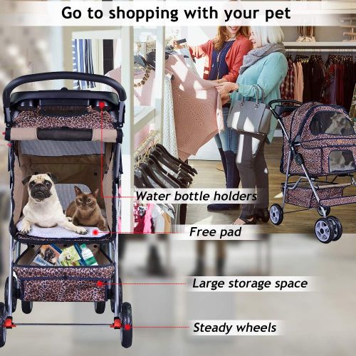  Dkeli 4 Wheels Pet Stroller Jogger Cat Dog Cage Stroller Protable Travel Folding Carrier Cart Waterproof Doggie Puppy Dog Stroller with RainCover and Cup Holders for Small-Medium Dog, Ca