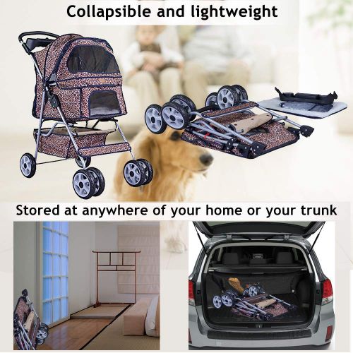  Dkeli 4 Wheels Pet Stroller Jogger Cat Dog Cage Stroller Protable Travel Folding Carrier Cart Waterproof Doggie Puppy Dog Stroller with RainCover and Cup Holders for Small-Medium Dog, Ca