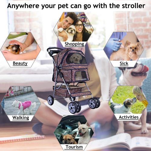  Dkeli 4 Wheels Pet Stroller Jogger Cat Dog Cage Stroller Protable Travel Folding Carrier Cart Waterproof Doggie Puppy Dog Stroller with RainCover and Cup Holders for Small-Medium Dog, Ca