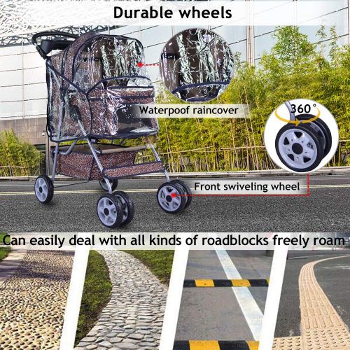  Dkeli 4 Wheels Pet Stroller Jogger Cat Dog Cage Stroller Protable Travel Folding Carrier Cart Waterproof Doggie Puppy Dog Stroller with RainCover and Cup Holders for Small-Medium Dog, Ca