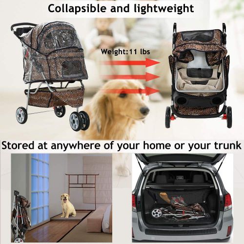  Dkeli Dog Stroller Pet Stroller Cat Strollers Jogger Folding Travel Carrier Durable 3 Wheels Doggie Cage with Cup Holders and Raincover Waterproof Lightweight Puppy Strolling Cart for Sm