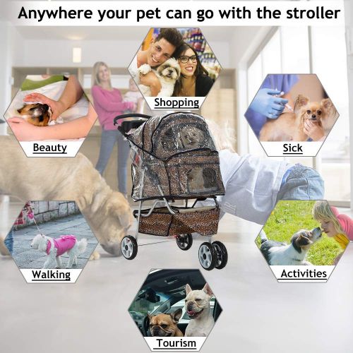  Dkeli Dog Stroller Pet Stroller Cat Strollers Jogger Folding Travel Carrier Durable 3 Wheels Doggie Cage with Cup Holders and Raincover Waterproof Lightweight Puppy Strolling Cart for Sm