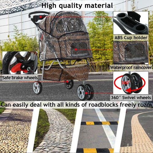  Dkeli Dog Stroller Pet Stroller Cat Strollers Jogger Folding Travel Carrier Durable 3 Wheels Doggie Cage with Cup Holders and Raincover Waterproof Lightweight Puppy Strolling Cart for Sm