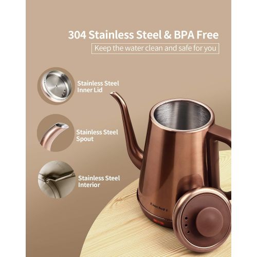  DmofwHi 1000W Gooseneck Electric Kettle (1.0L),100% Stainless Steel BPA Free Electric Tea Kettle with Auto Shut - Off Protection, Pour Over Coffee Kettle for Coffee and Tea-Copper