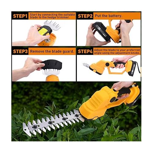  Cordless Grass Shears, 2 in 1 Handheld Electric Grass Trimmer with 2 Rechargeable Battery and Charger, 20V Electric Hedge Trimmer for Garden, Lawn - Yellow