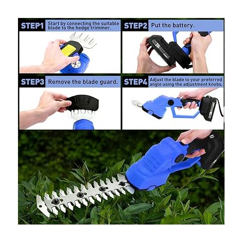  Cordless Grass Shears, 2 in 1 Handheld Electric Grass Trimmer with 2 Rechargeable Battery and Charger, 20V Electric Hedge Trimmer for Garden, Lawn - Blue