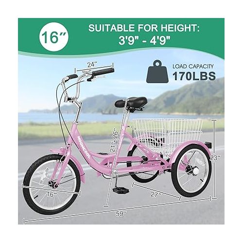  DoCred 16 inch Tricycle Trikes for Beginner Riders, Single Speed 3 Wheel Bikes, Low Step Through Three-Wheeled Bicycles with Rear Basket