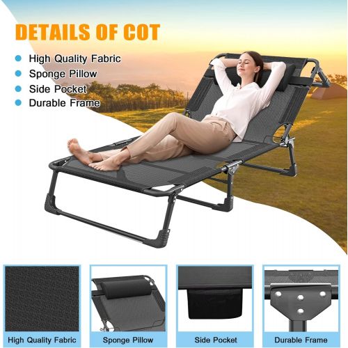  DoCred Portable Folding Camping Cot Bed, Adjustable 4-Position Adults Reclining Folding Chaise with Pillow, Outdoor Portable Folding Lounge Chair Sleeping Cot, Perfect for Camping, Pool,