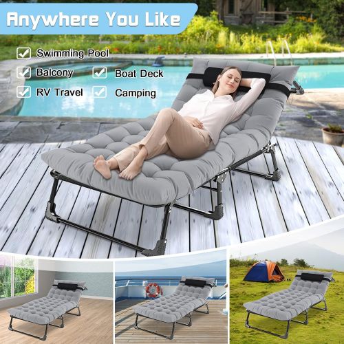  DoCred Portable Folding Camping Cot Bed, Adjustable 4-Position Adults Reclining Folding Chaise with Pillow, Outdoor Portable Folding Lounge Chair Sleeping Cot, Perfect for Camping, Pool,