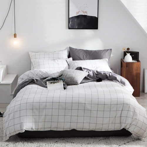  Dobeans Lattice Duvet Cover Set Queen Checkered Modern Teen Boys Bedding Set 3 Pieces White Plaid Quilt Cover,1 Duvet Cover with Zipper Closure and Corner Ties 2 Pillow Shams