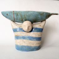 /DobrCeramics Ceramic bowl, Decorative bowl, Ceramic sculpture, Fish, Fishe rman, White, Blue