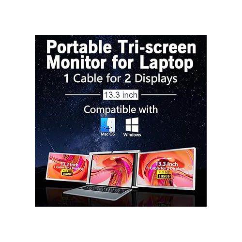  Docooler 13.3 inch Triple Portable Monitor for Laptop Screen Extender, 1 Cable for Dual Displays for Windows, FHD 1080P IPS Display Type-C/PD/TF Support M1/M2 MacBook, for 13.3-17.3 inches Laptop