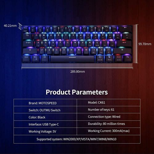  [아마존베스트]Docooler MOTOSPEED CK61 RGB Mechanical Gaming Keyboard OUTMU Blue Switches the Keyboard 61 Keys Anti-Ghosting with Backlight for Gaming Black