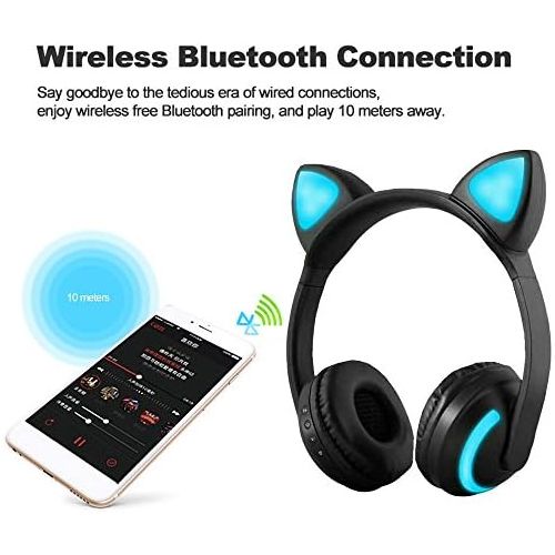  [아마존베스트]Docooler Wireless Bluetooth Headset Luminous Cat Ear Headphones Stereo Music Headphones Handsfree with Microphone Colourful Light Adjustable Headband for Desktop Laptop Tablet PC S