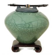 /DoderoStudioCeramics Keepsake Cremation Urn with wood stand 6.5in. x 7in.