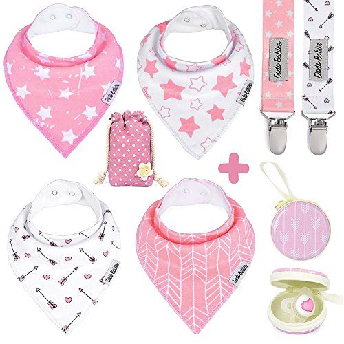  [아마존베스트]BabyBandana DroolBibs by Dodo Babies For Girls + 2 Pacifier Clips + Pacifier Case in a Gift Bag, Pack of 4 Premium Quality, Excellent Baby Shower / Registry Gift