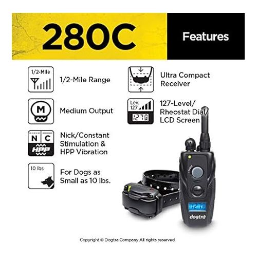  Dogtra 280C Remote Training E-Collar - 1/2 Mile Range - 127 Static Stimulation Levels, Vibration, LCD Screen, Rechargeable, Waterproof, Electric Dog Collar for Obedience Training of Small, Medium Dogs