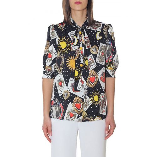  Dolce & Gabbana Printed stretch silk bow tie shirt