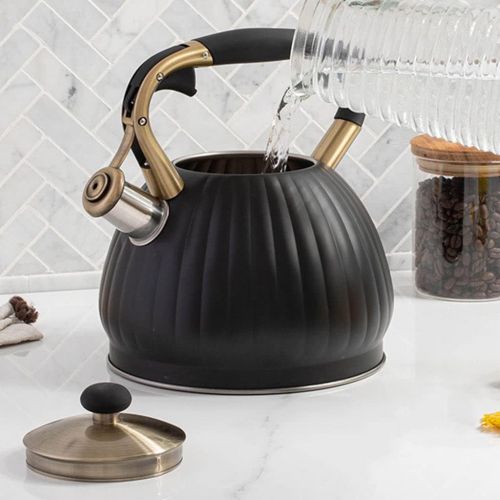  Dolity Stainless Steel Stove Top Tea Kettle,with Wood Pattern Anti Scald Handle,Pumpkin Pot for All Kitchen Stove Top/Induction