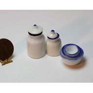 Dollhouse Miniature Set of 3 Mixing Bowls and 2 Piece Canister Set in White with Blue Trim