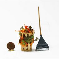 Dollhouse Miniature 1:12 Leaf Rake w/Tall Basket of Autumn or Fall Leaves