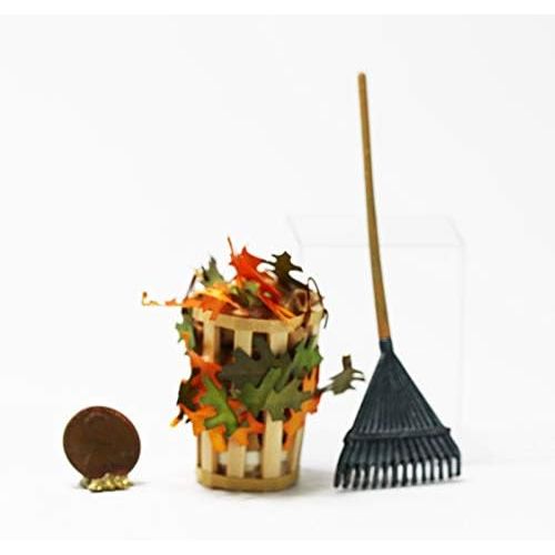 Dollhouse Miniature 1:12 Leaf Rake w/Tall Basket of Autumn or Fall Leaves
