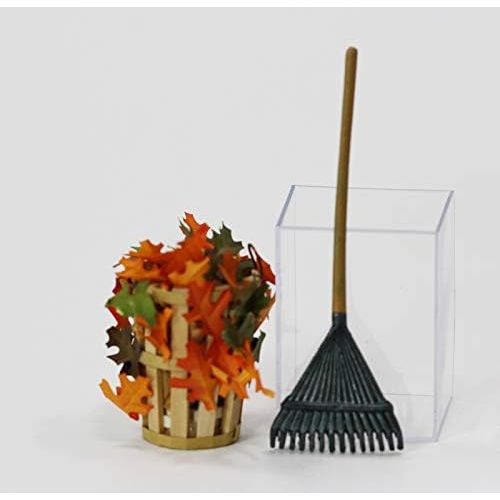  Dollhouse Miniature 1:12 Leaf Rake w/Tall Basket of Autumn or Fall Leaves