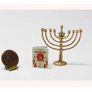 Dollhouse Miniature 1:12 Artisan Gold Jewish Chanukah Menorah with Hanukah Book
