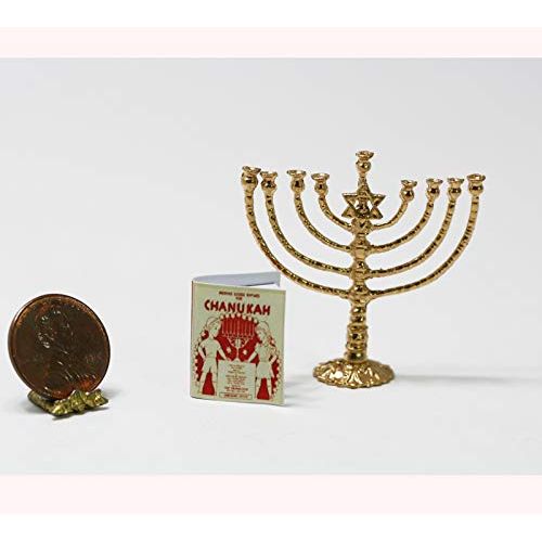  Dollhouse Miniature 1:12 Artisan Gold Jewish Chanukah Menorah with Hanukah Book