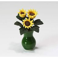 Dollhouse Miniature Green Vase Filled with Yellow Sunflowers