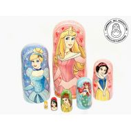 DollladyUkraine Disney Princess Nesting Doll 7 pcs 18,5 cm, Aurora, Cinderella, Snow White, Mermaid Ariel, Belle, Jasmine, Kids Gift, Kids Room Decor