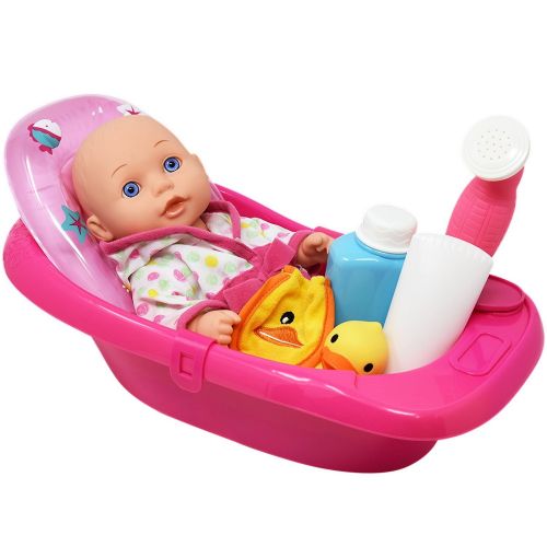 Dolls To Play Baby Doll Bathtub - Tub Set Featuring 12 All Vinyl Doll, Bath Tub with Detachable Shower Spray, Washcloth, Toy Soap Bottle and Shower Gel, and Rubber Duck, The Best Doll Bath Toy S
