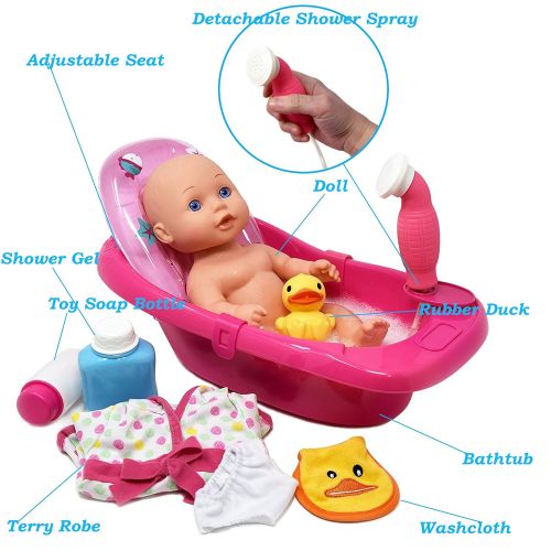  Dolls To Play Baby Doll Bathtub - Tub Set Featuring 12 All Vinyl Doll, Bath Tub with Detachable Shower Spray, Washcloth, Toy Soap Bottle and Shower Gel, and Rubber Duck, The Best Doll Bath Toy S