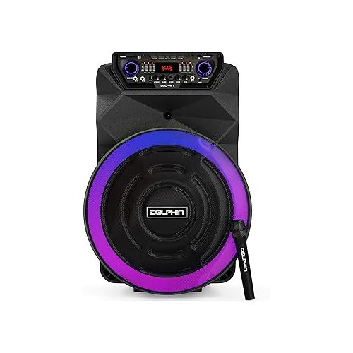  Dolphin SP-18RBT 18-Inch Portable Party Speaker - Rechargeable with Deep Bass, 4500W Peak Power, Wireless Microphones, USB/SD, FM Radio, AUX & Guitar Inputs, Extended Battery Life, 12V Input