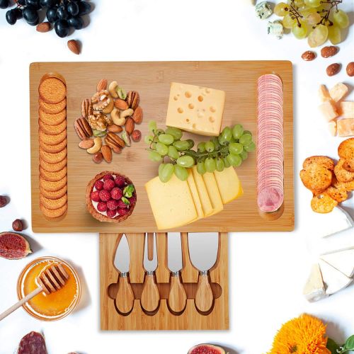  [아마존베스트]Dolwis Bamboo Cheese Board Set with Drawer Wooden Charcuterie Tray Platter Including 4 Stainless Steel Knife and Serving Utensils, Gift Idea for Birthdays, Wedding Registry, Housewarming