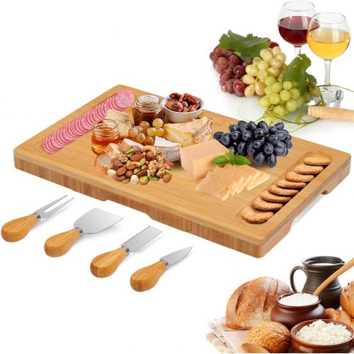  [아마존베스트]Dolwis Bamboo Cheese Board Set with Drawer Wooden Charcuterie Tray Platter Including 4 Stainless Steel Knife and Serving Utensils, Gift Idea for Birthdays, Wedding Registry, Housewarming