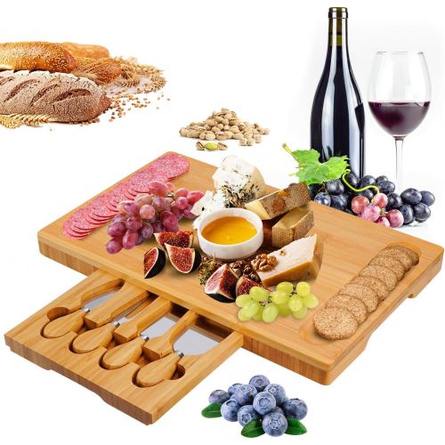  [아마존베스트]Dolwis Bamboo Cheese Board Set with Drawer Wooden Charcuterie Tray Platter Including 4 Stainless Steel Knife and Serving Utensils, Gift Idea for Birthdays, Wedding Registry, Housewarming