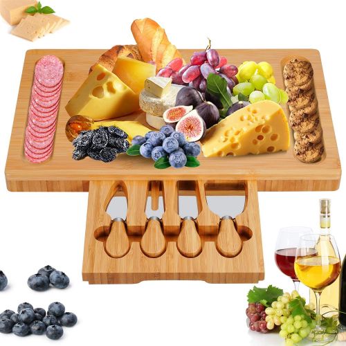 [아마존베스트]Dolwis Bamboo Cheese Board Set with Drawer Wooden Charcuterie Tray Platter Including 4 Stainless Steel Knife and Serving Utensils, Gift Idea for Birthdays, Wedding Registry, Housewarming
