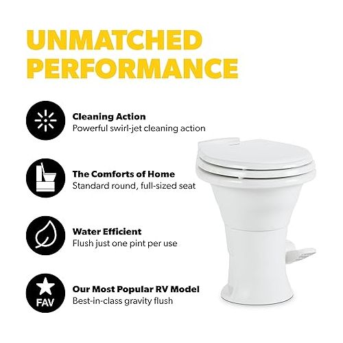  Dometic 310 Standard Toilet - White, Oblong Shape, Lightweight and Efficient with Pressure-Enhanced PowerFlush and Slow Close Seat Cover - Perfect for Modern RVs